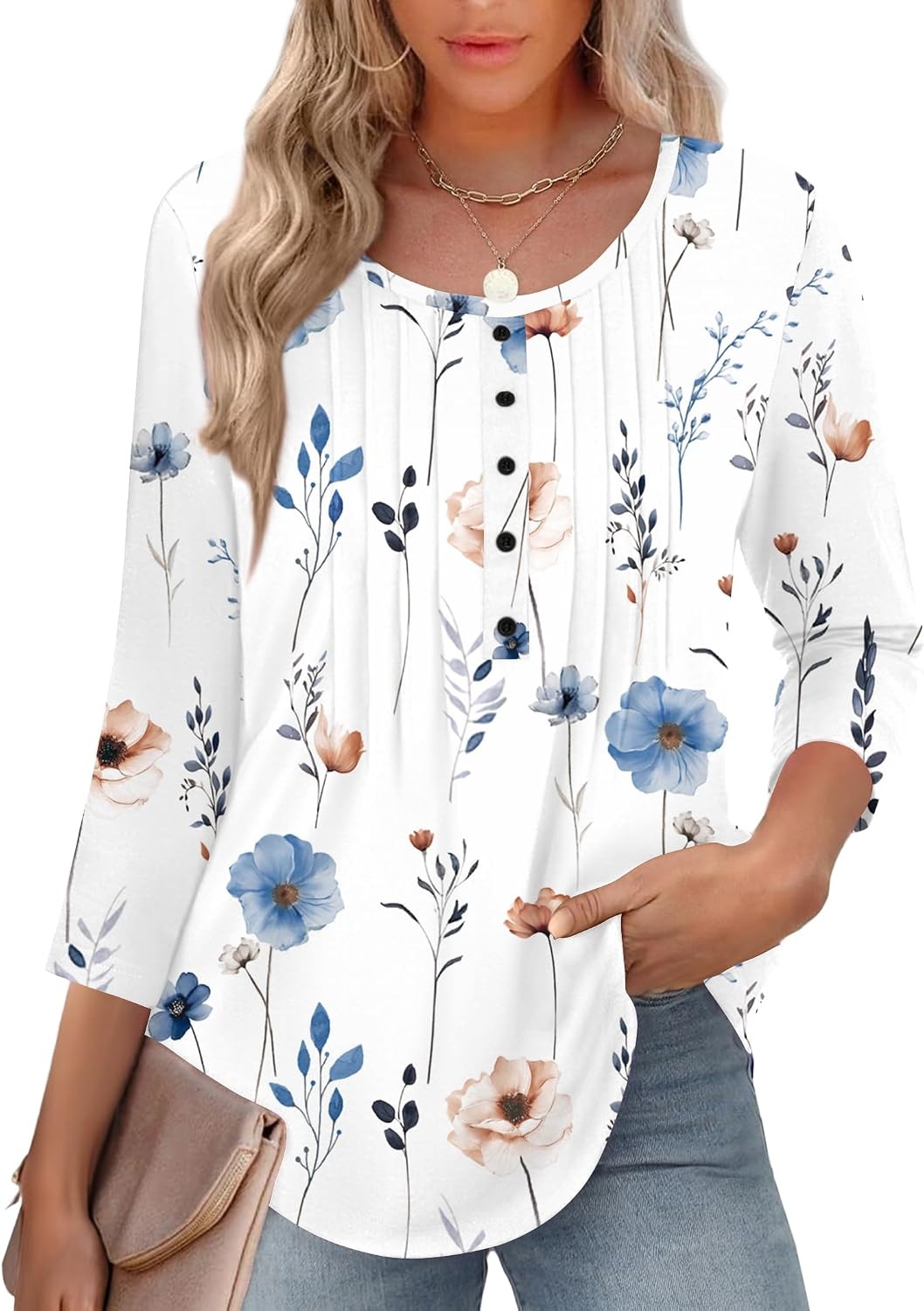 image:imageZeagoo 34 Length Sleeve Womens Tops Round Neck Casual Summer Tunic Tops Basic Tees Blouses Dressy TShirts Pleated ShirtsAwhite