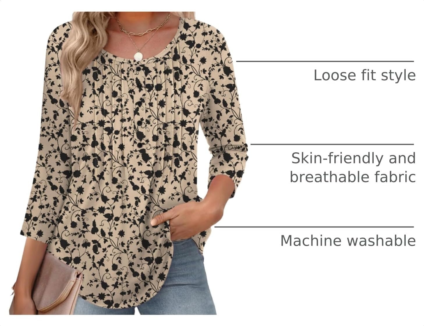 image:imageZeagoo 34 Length Sleeve Womens Tops Round Neck Casual Summer Tunic Tops Basic Tees Blouses Dressy TShirts Pleated ShirtsBeige