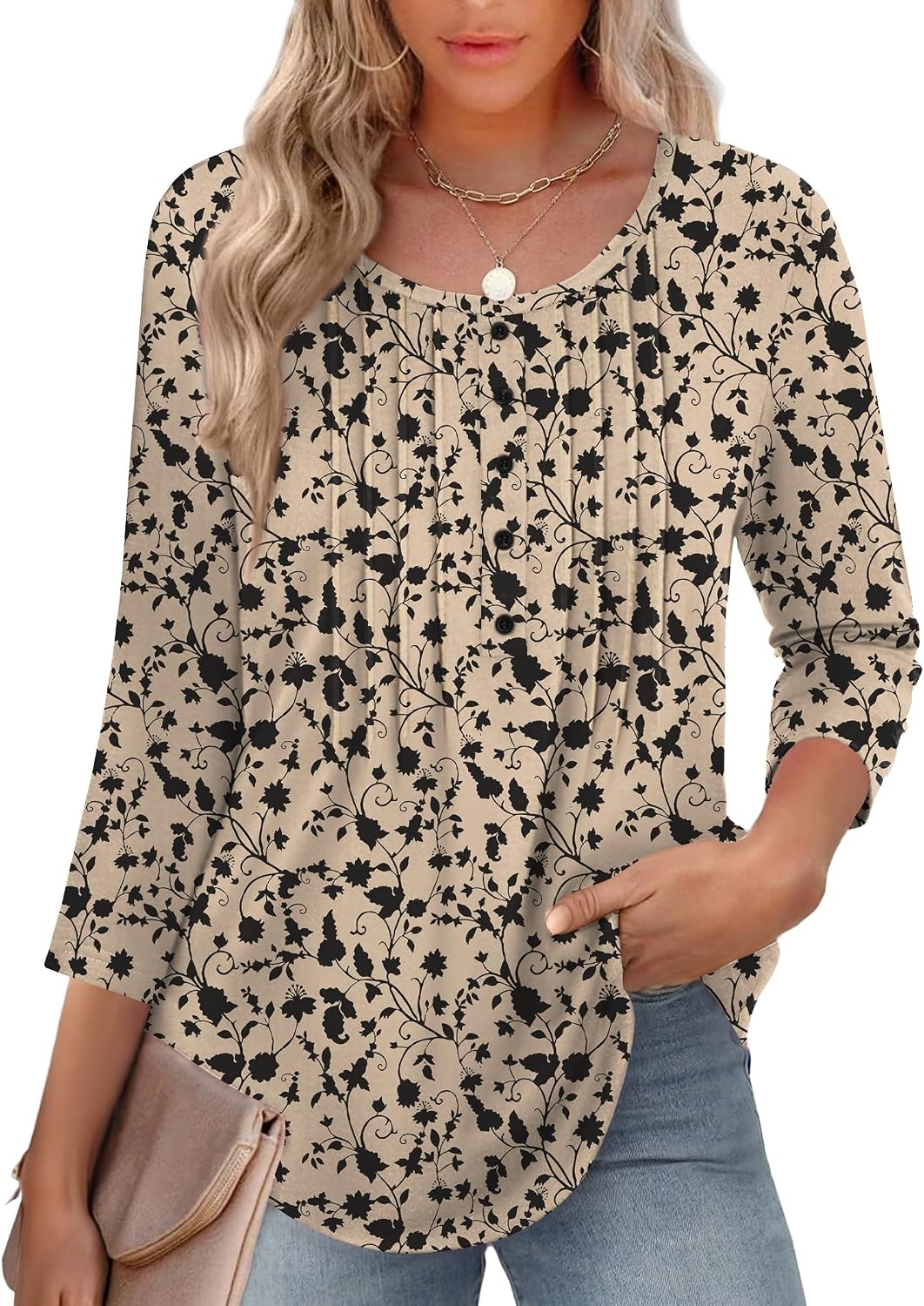 image:imageZeagoo 34 Length Sleeve Womens Tops Round Neck Casual Summer Tunic Tops Basic Tees Blouses Dressy TShirts Pleated ShirtsBeige