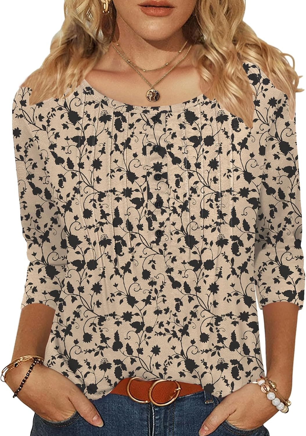 image:imageZeagoo 34 Length Sleeve Womens Tops Round Neck Casual Summer Tunic Tops Basic Tees Blouses Dressy TShirts Pleated ShirtsBeige