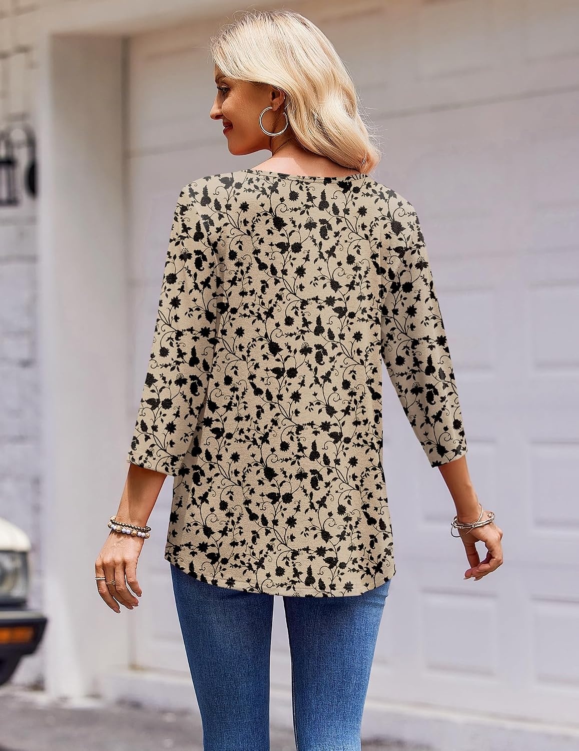 image:imageZeagoo 34 Length Sleeve Womens Tops Round Neck Casual Summer Tunic Tops Basic Tees Blouses Dressy TShirts Pleated ShirtsBeige