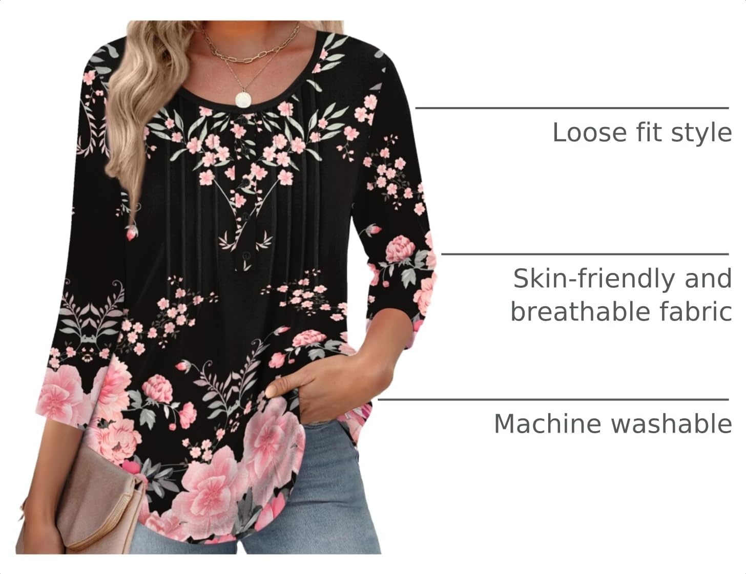 image:imageZeagoo 34 Length Sleeve Womens Tops Round Neck Casual Summer Tunic Tops Basic Tees Blouses Dressy TShirts Pleated ShirtsBlackpink