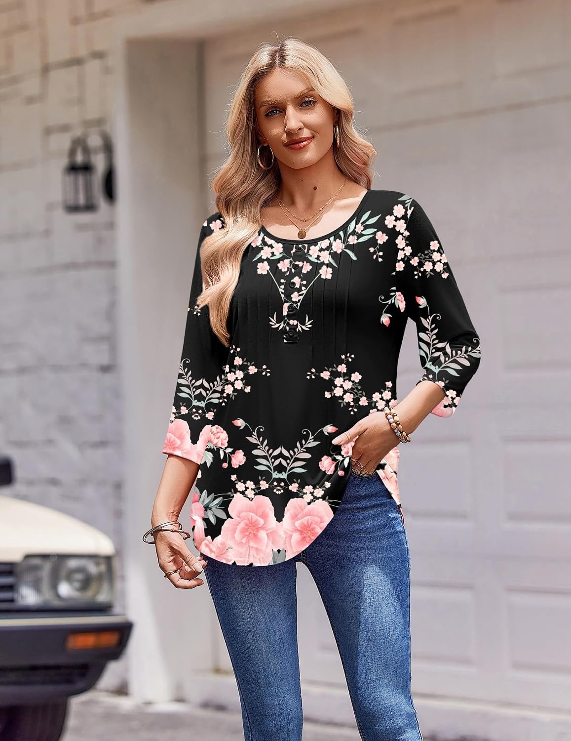image:imageZeagoo 34 Length Sleeve Womens Tops Round Neck Casual Summer Tunic Tops Basic Tees Blouses Dressy TShirts Pleated ShirtsBlackpink