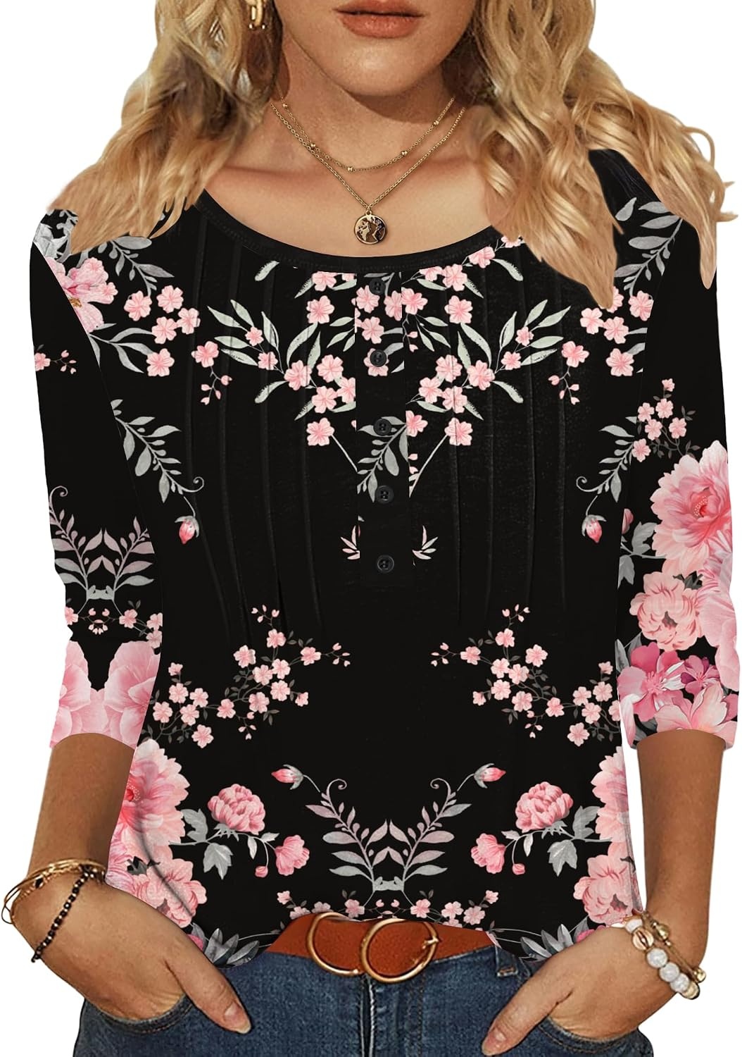 image:imageZeagoo 34 Length Sleeve Womens Tops Round Neck Casual Summer Tunic Tops Basic Tees Blouses Dressy TShirts Pleated ShirtsBlackpink