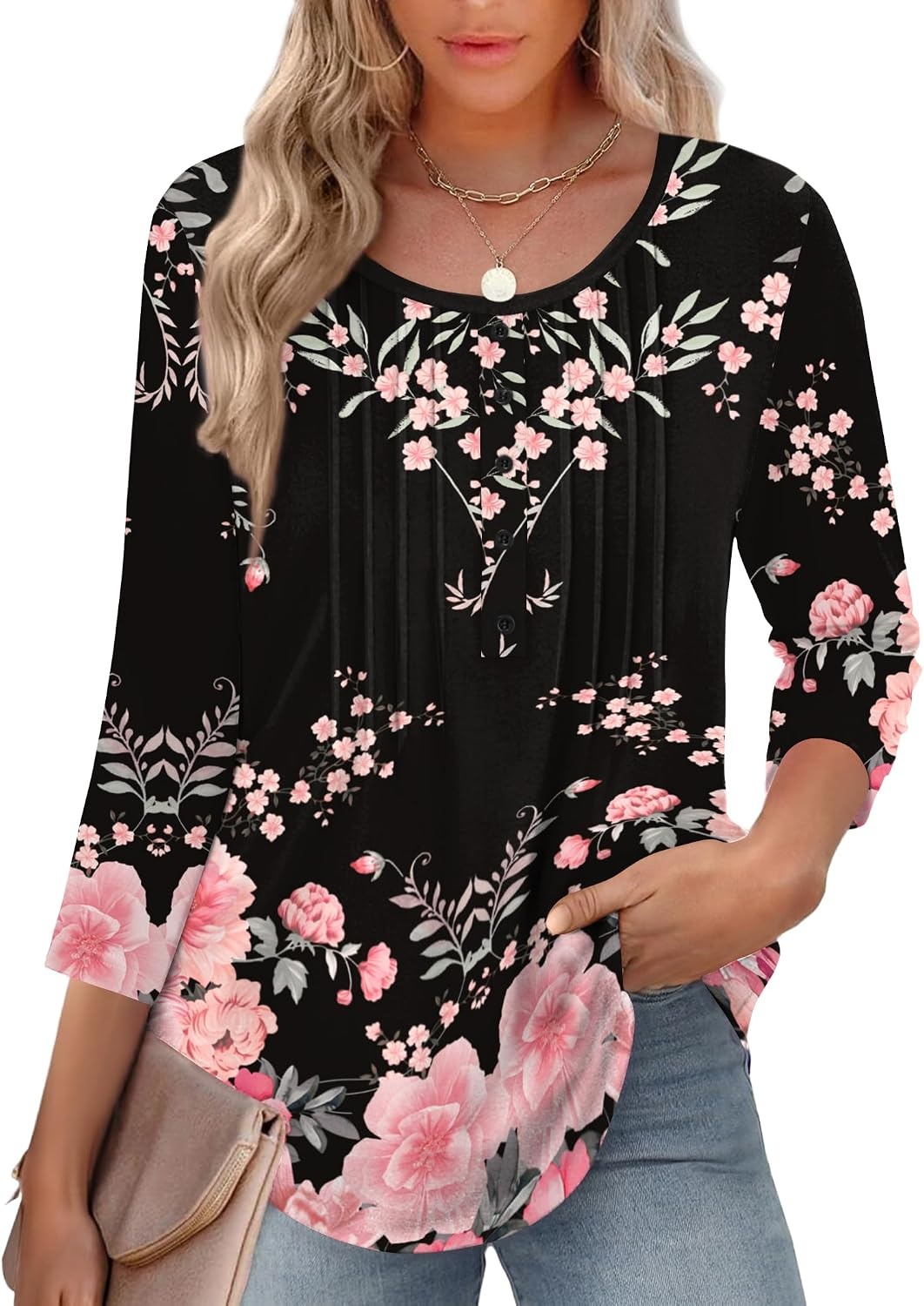 image:imageZeagoo 34 Length Sleeve Womens Tops Round Neck Casual Summer Tunic Tops Basic Tees Blouses Dressy TShirts Pleated ShirtsBlackpink