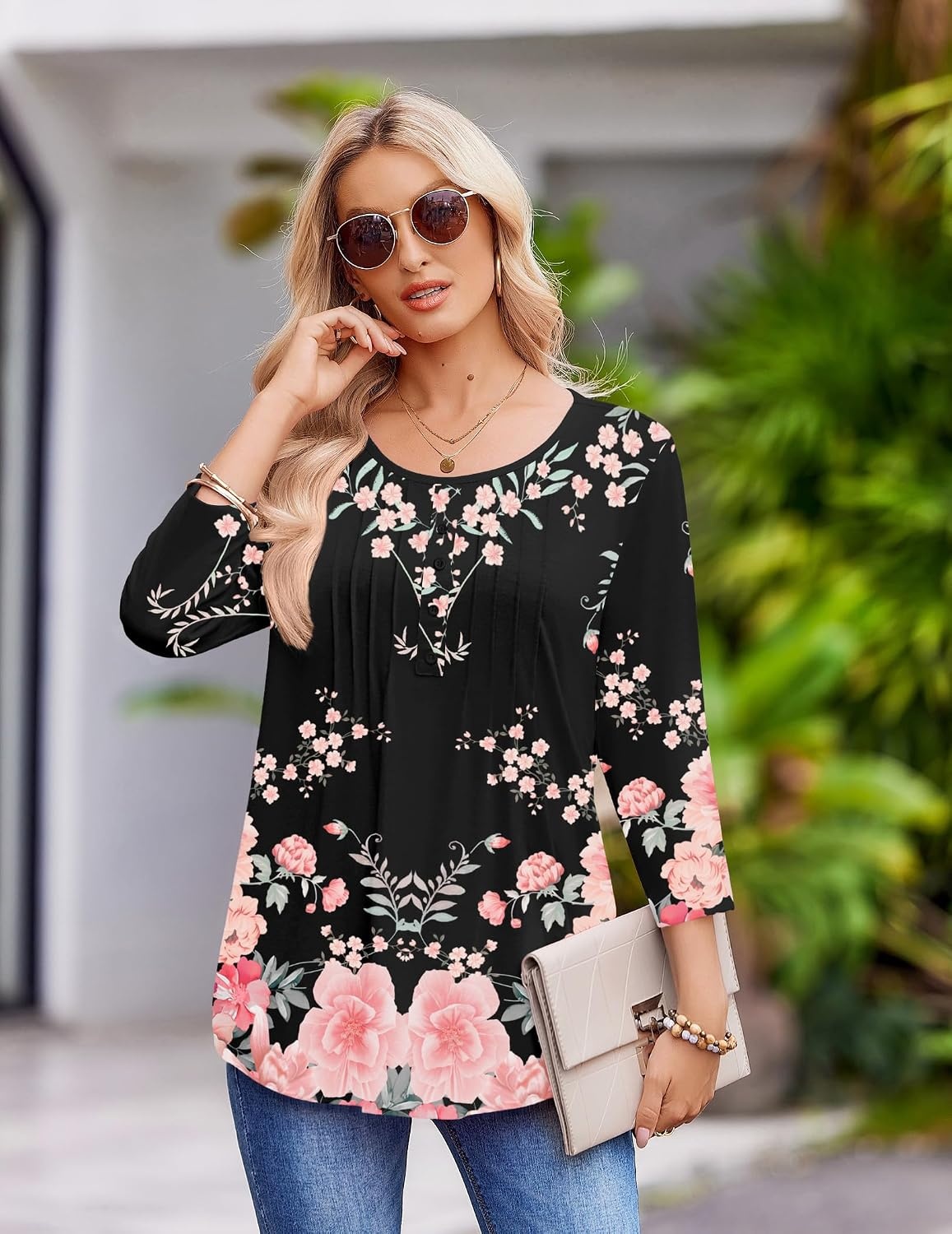 image:imageZeagoo 34 Length Sleeve Womens Tops Round Neck Casual Summer Tunic Tops Basic Tees Blouses Dressy TShirts Pleated ShirtsBlackpink