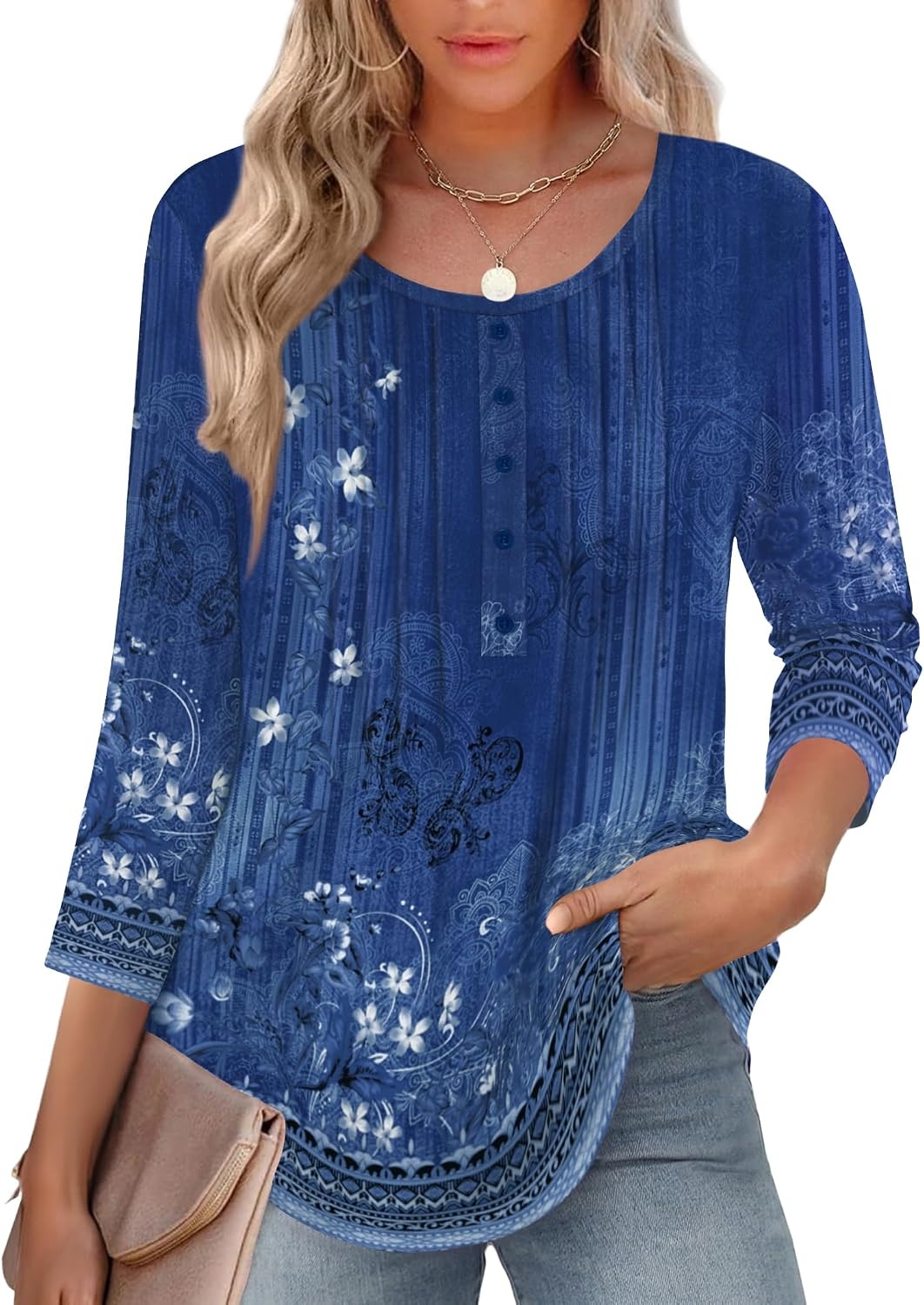 image:imageZeagoo 34 Length Sleeve Womens Tops Round Neck Casual Summer Tunic Tops Basic Tees Blouses Dressy TShirts Pleated ShirtsBlue