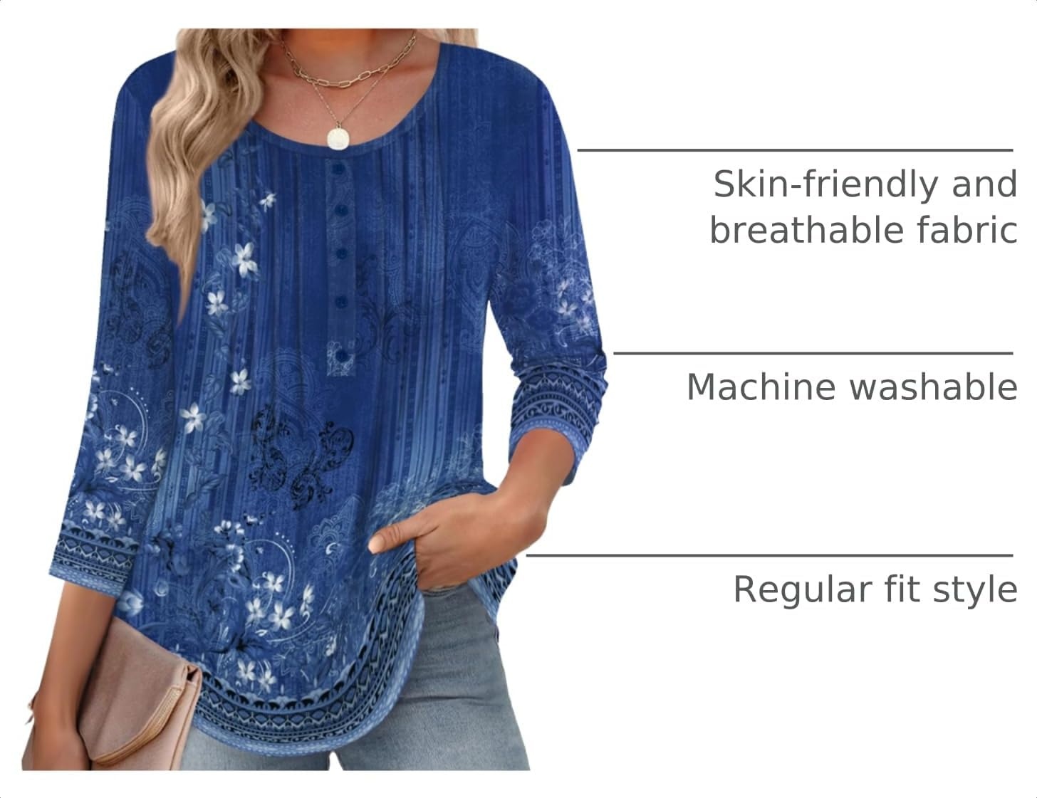 image:imageZeagoo 34 Length Sleeve Womens Tops Round Neck Casual Summer Tunic Tops Basic Tees Blouses Dressy TShirts Pleated ShirtsBlue