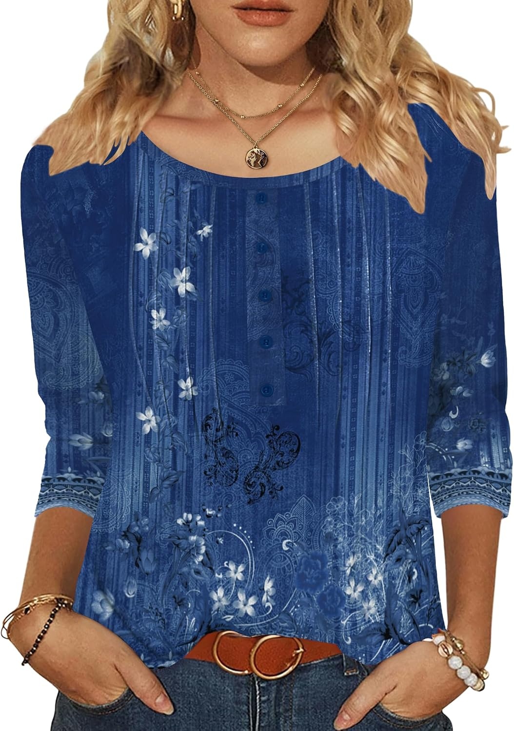 image:imageZeagoo 34 Length Sleeve Womens Tops Round Neck Casual Summer Tunic Tops Basic Tees Blouses Dressy TShirts Pleated ShirtsBlue