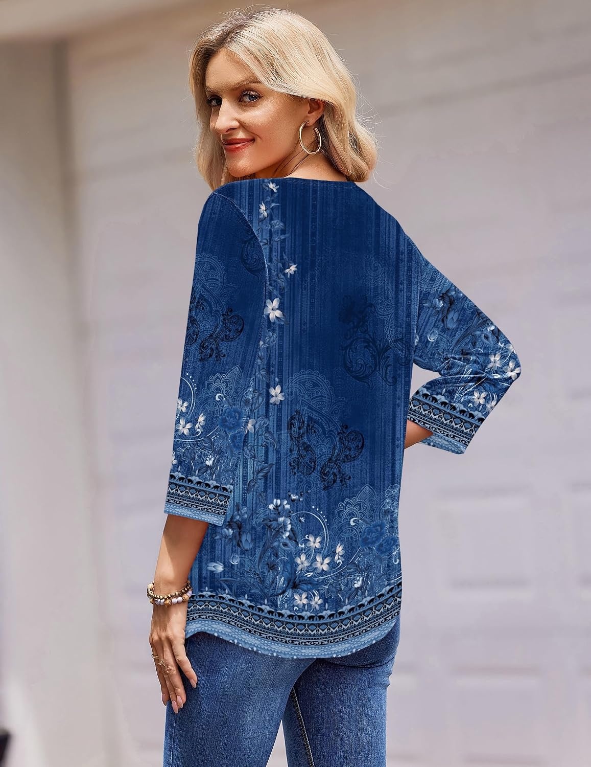 image:imageZeagoo 34 Length Sleeve Womens Tops Round Neck Casual Summer Tunic Tops Basic Tees Blouses Dressy TShirts Pleated ShirtsBlue