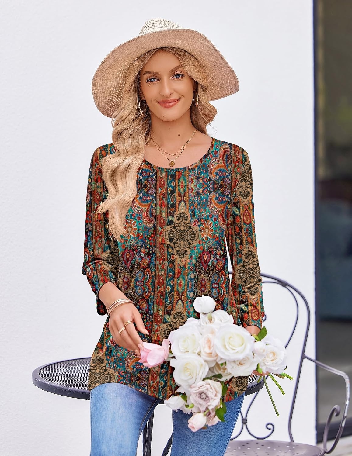 image:imageZeagoo 34 Length Sleeve Womens Tops Round Neck Casual Summer Tunic Tops Basic Tees Blouses Dressy TShirts Pleated ShirtsBrown