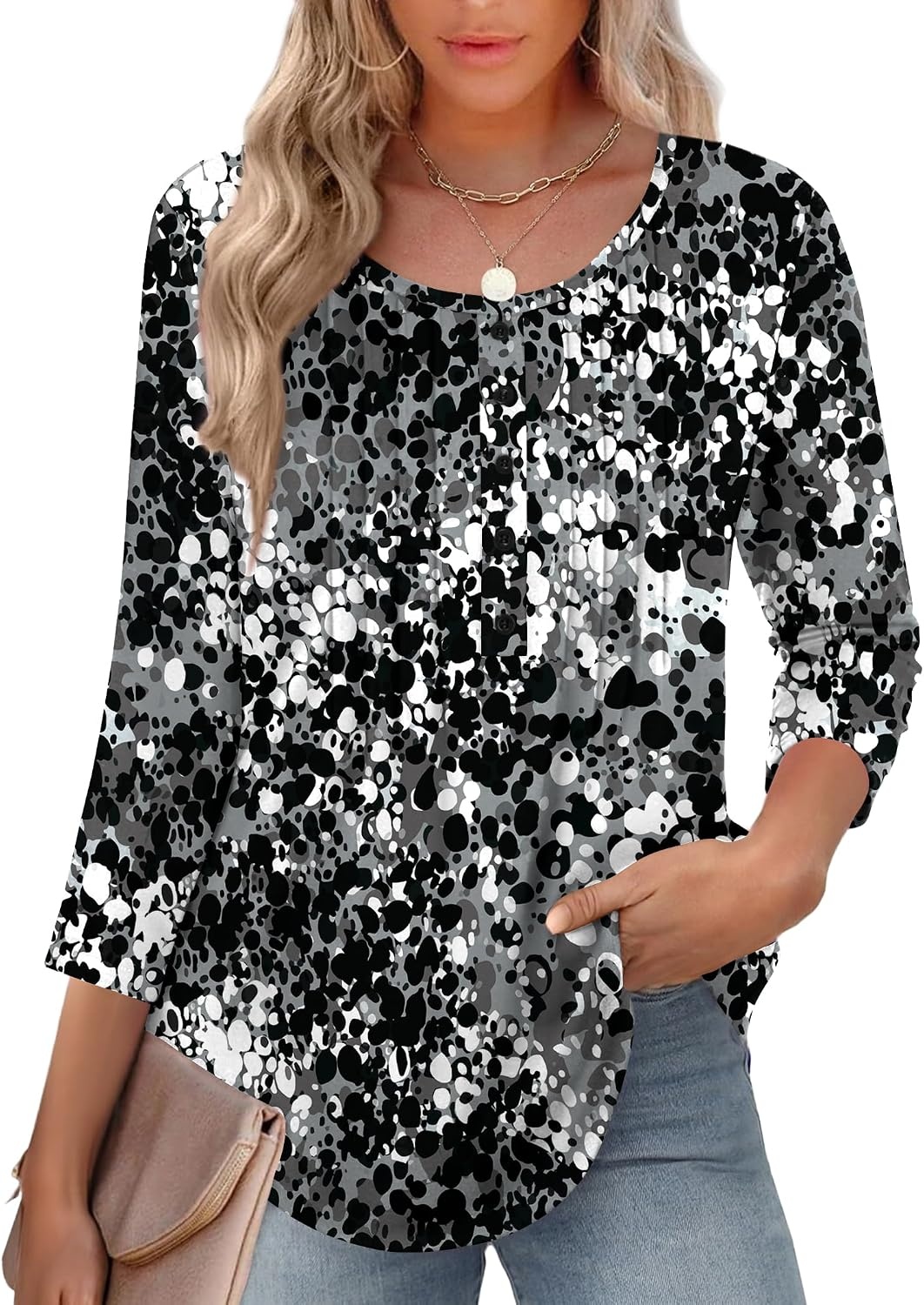 image:imageZeagoo 34 Length Sleeve Womens Tops Round Neck Casual Summer Tunic Tops Basic Tees Blouses Dressy TShirts Pleated ShirtsCx273