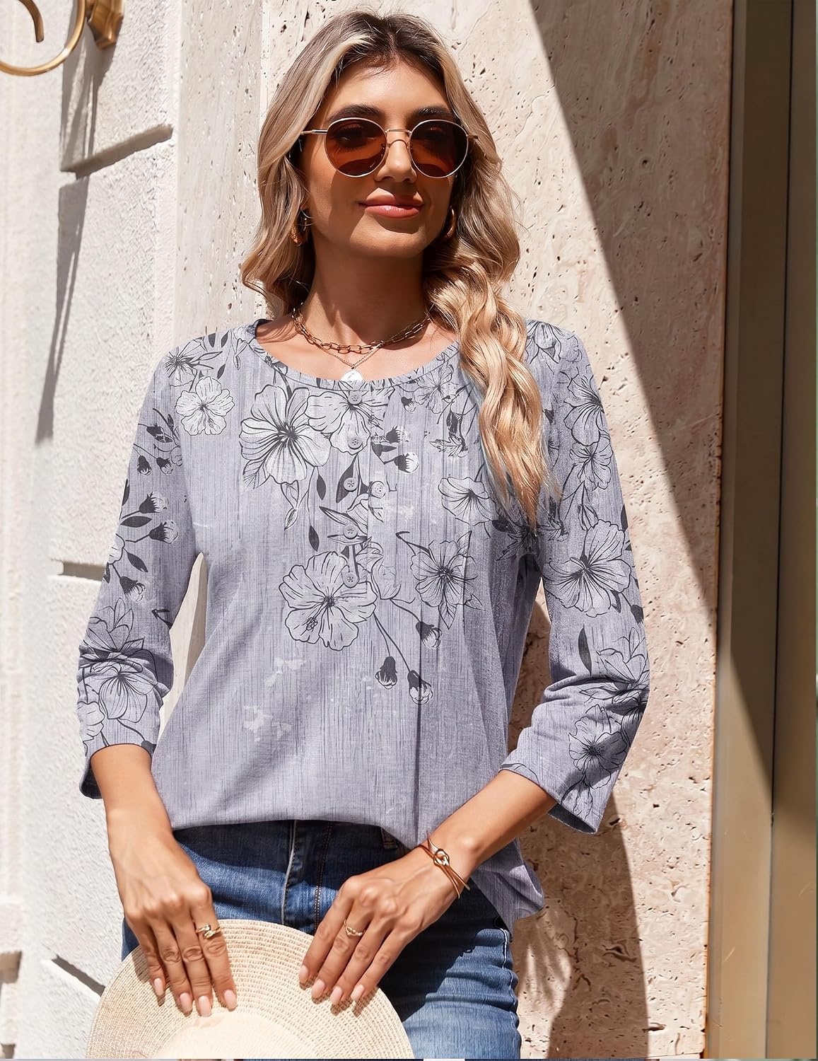 image:imageZeagoo 34 Length Sleeve Womens Tops Round Neck Casual Summer Tunic Tops Basic Tees Blouses Dressy TShirts Pleated ShirtsDh62