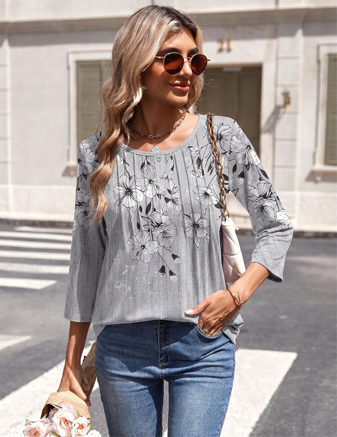 image:imageZeagoo 34 Length Sleeve Womens Tops Round Neck Casual Summer Tunic Tops Basic Tees Blouses Dressy TShirts Pleated ShirtsDh62