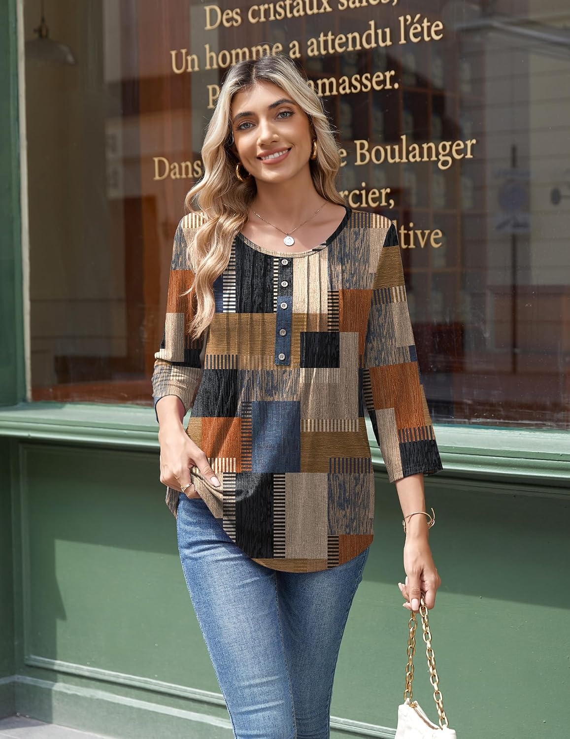 image:imageZeagoo 34 Length Sleeve Womens Tops Round Neck Casual Summer Tunic Tops Basic Tees Blouses Dressy TShirts Pleated ShirtsGeometric Color Block