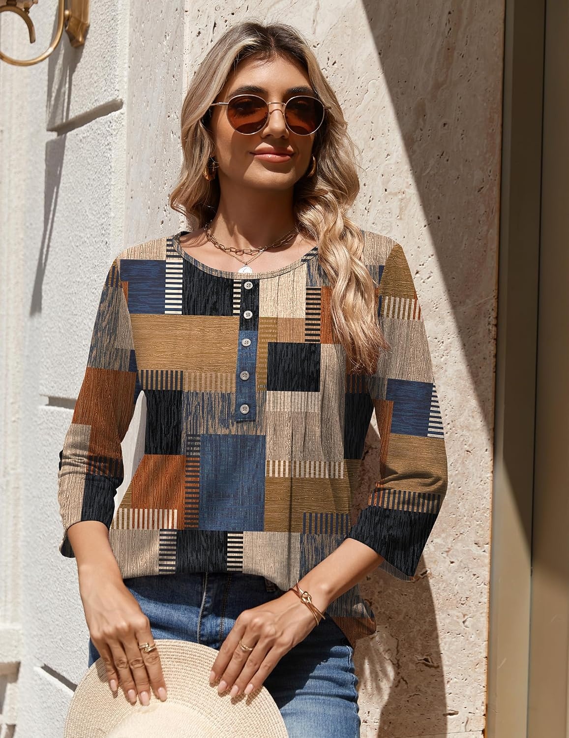 image:imageZeagoo 34 Length Sleeve Womens Tops Round Neck Casual Summer Tunic Tops Basic Tees Blouses Dressy TShirts Pleated ShirtsGeometric Color Block