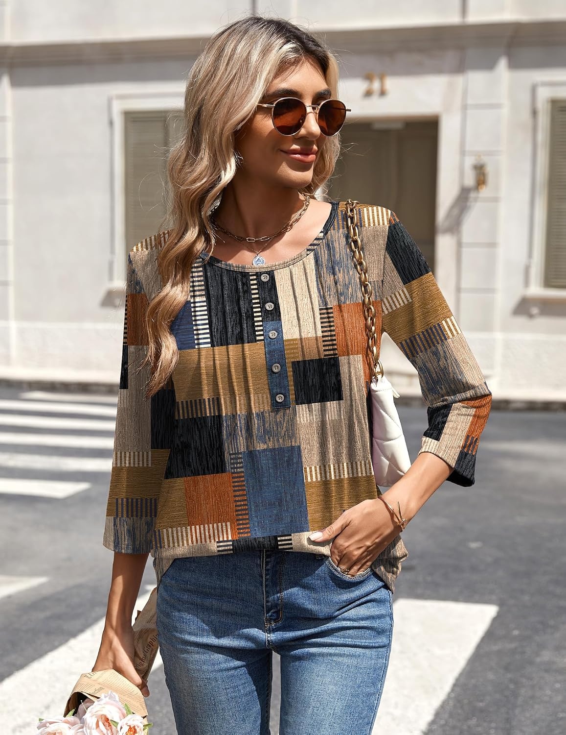 image:imageZeagoo 34 Length Sleeve Womens Tops Round Neck Casual Summer Tunic Tops Basic Tees Blouses Dressy TShirts Pleated ShirtsGeometric Color Block