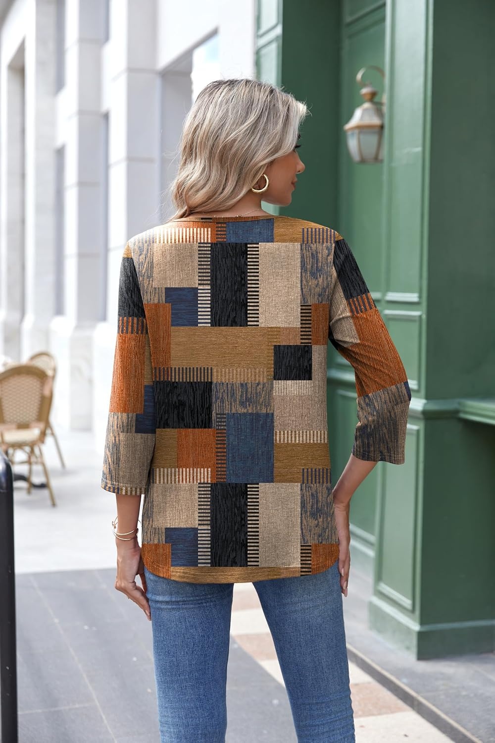 image:imageZeagoo 34 Length Sleeve Womens Tops Round Neck Casual Summer Tunic Tops Basic Tees Blouses Dressy TShirts Pleated ShirtsGeometric Color Block
