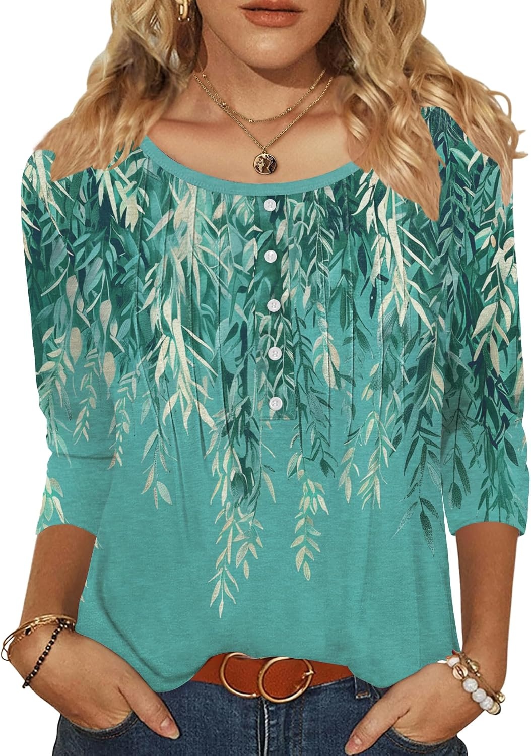 image:imageZeagoo 34 Length Sleeve Womens Tops Round Neck Casual Summer Tunic Tops Basic Tees Blouses Dressy TShirts Pleated ShirtsGreen