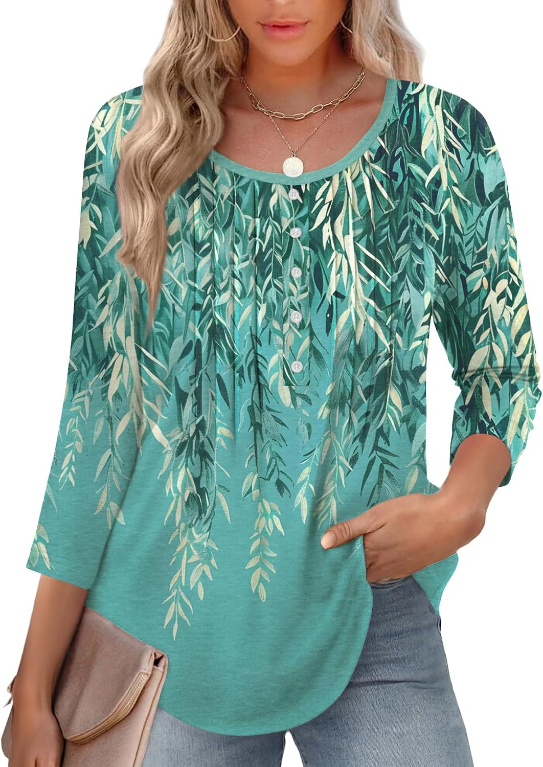 image:imageZeagoo 34 Length Sleeve Womens Tops Round Neck Casual Summer Tunic Tops Basic Tees Blouses Dressy TShirts Pleated ShirtsGreen