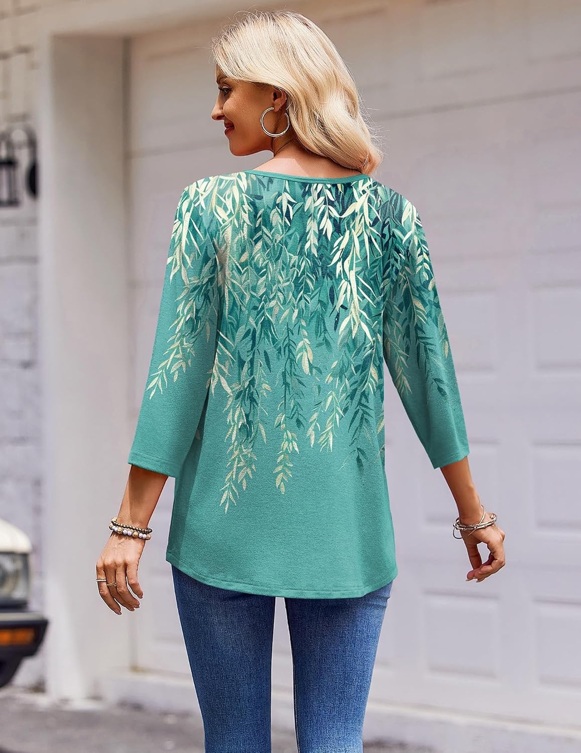 image:imageZeagoo 34 Length Sleeve Womens Tops Round Neck Casual Summer Tunic Tops Basic Tees Blouses Dressy TShirts Pleated ShirtsGreen