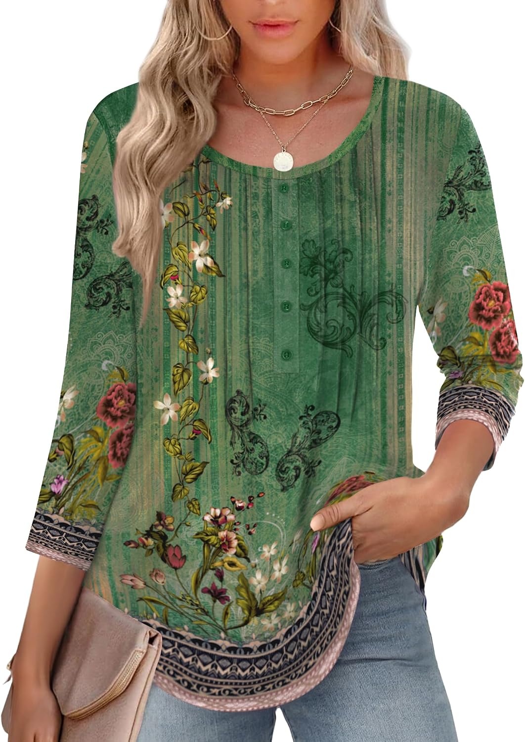 image:imageZeagoo 34 Length Sleeve Womens Tops Round Neck Casual Summer Tunic Tops Basic Tees Blouses Dressy TShirts Pleated ShirtsGreenyellow