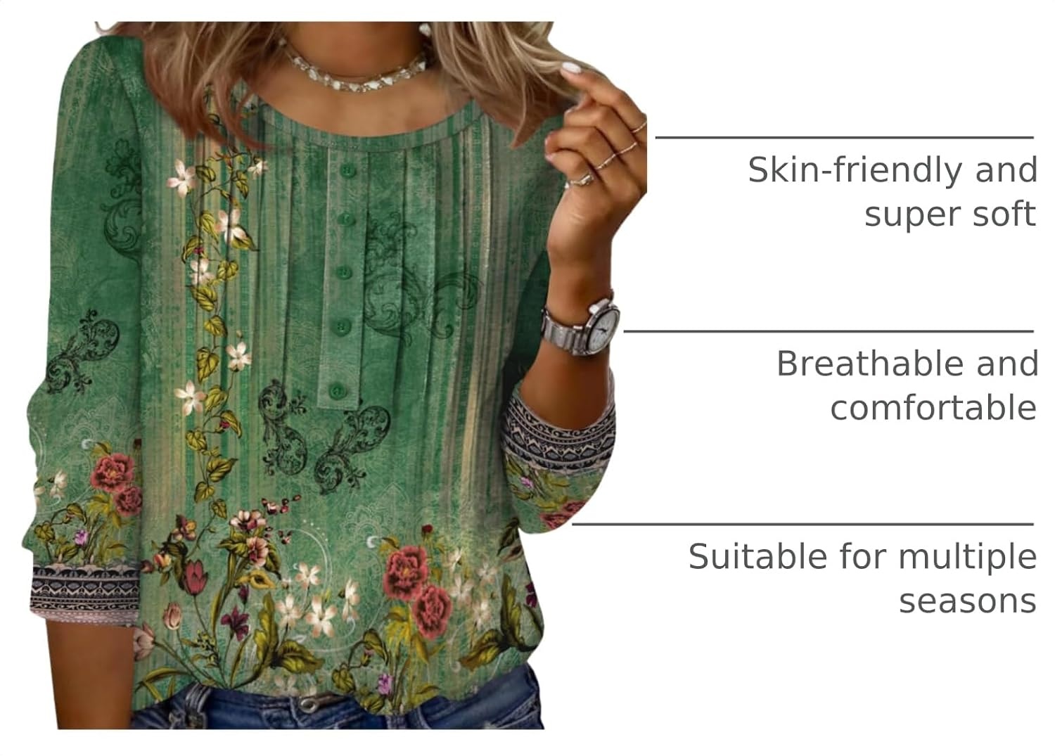 image:imageZeagoo 34 Length Sleeve Womens Tops Round Neck Casual Summer Tunic Tops Basic Tees Blouses Dressy TShirts Pleated ShirtsGreenyellow