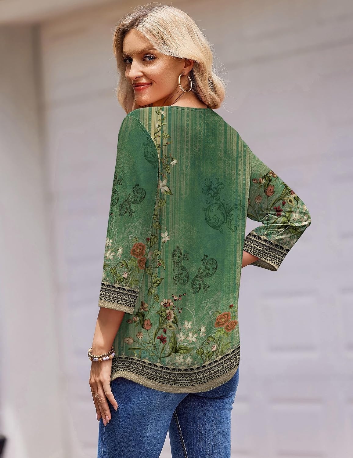 image:imageZeagoo 34 Length Sleeve Womens Tops Round Neck Casual Summer Tunic Tops Basic Tees Blouses Dressy TShirts Pleated ShirtsGreenyellow
