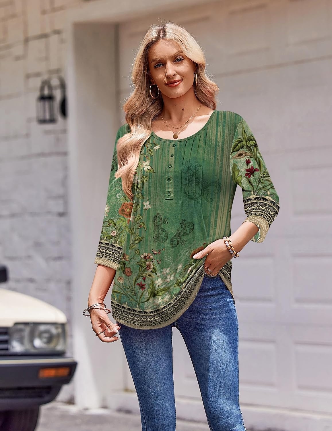 image:imageZeagoo 34 Length Sleeve Womens Tops Round Neck Casual Summer Tunic Tops Basic Tees Blouses Dressy TShirts Pleated ShirtsGreenyellow