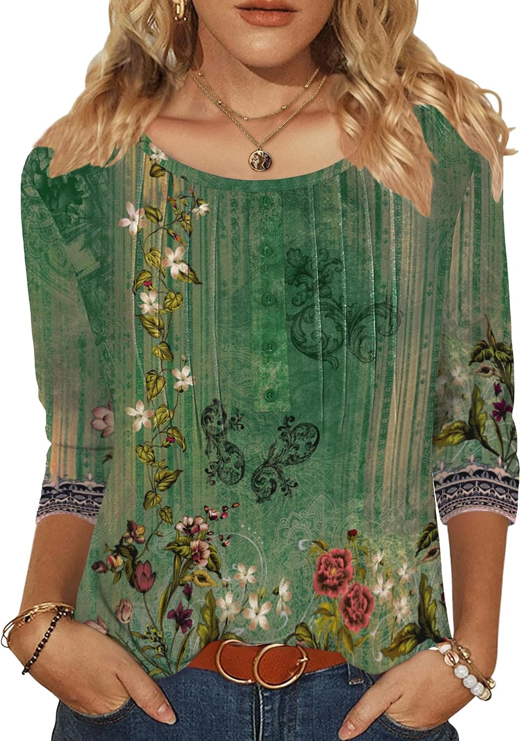 image:imageZeagoo 34 Length Sleeve Womens Tops Round Neck Casual Summer Tunic Tops Basic Tees Blouses Dressy TShirts Pleated ShirtsGreenyellow