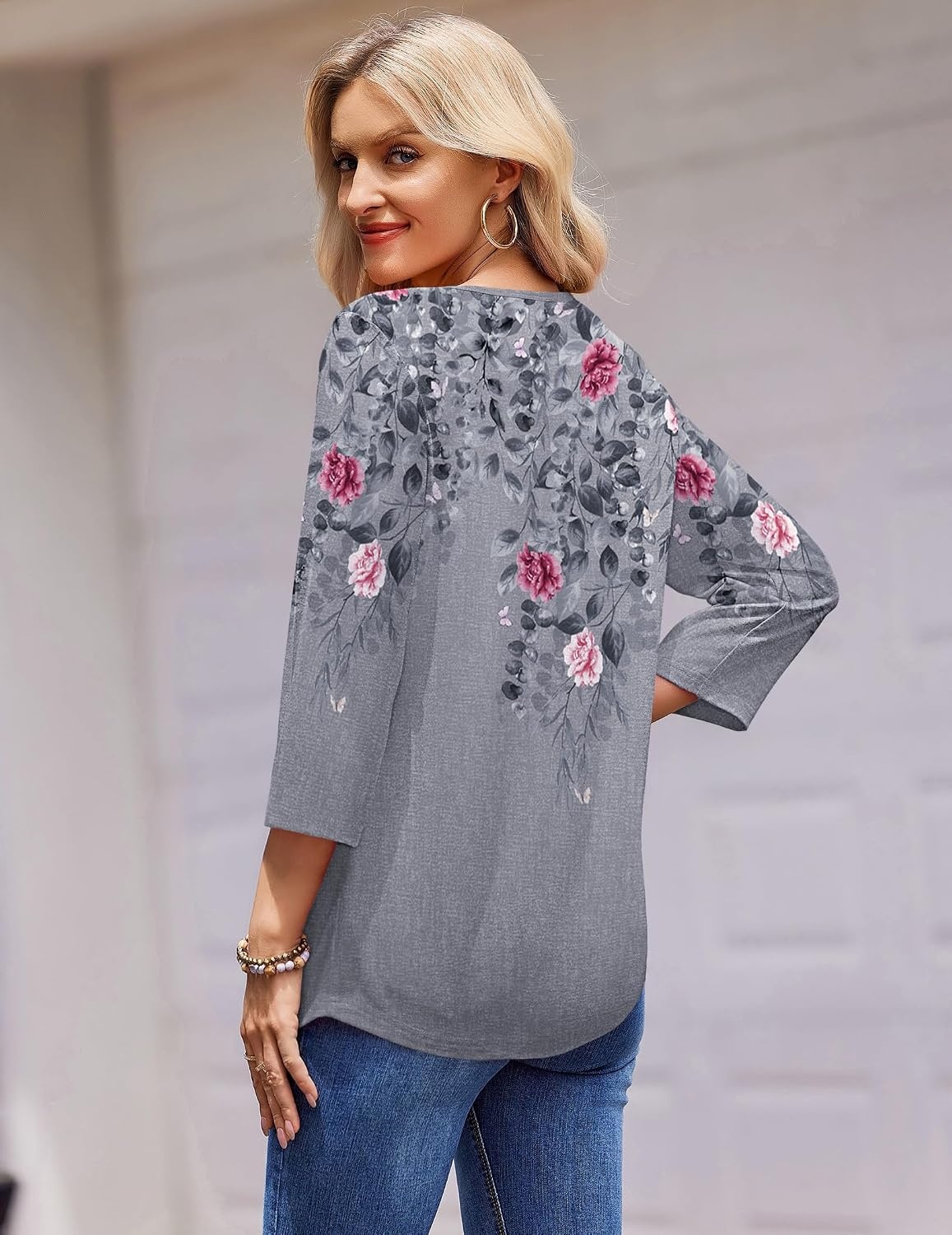 image:imageZeagoo 34 Length Sleeve Womens Tops Round Neck Casual Summer Tunic Tops Basic Tees Blouses Dressy TShirts Pleated ShirtsGrey