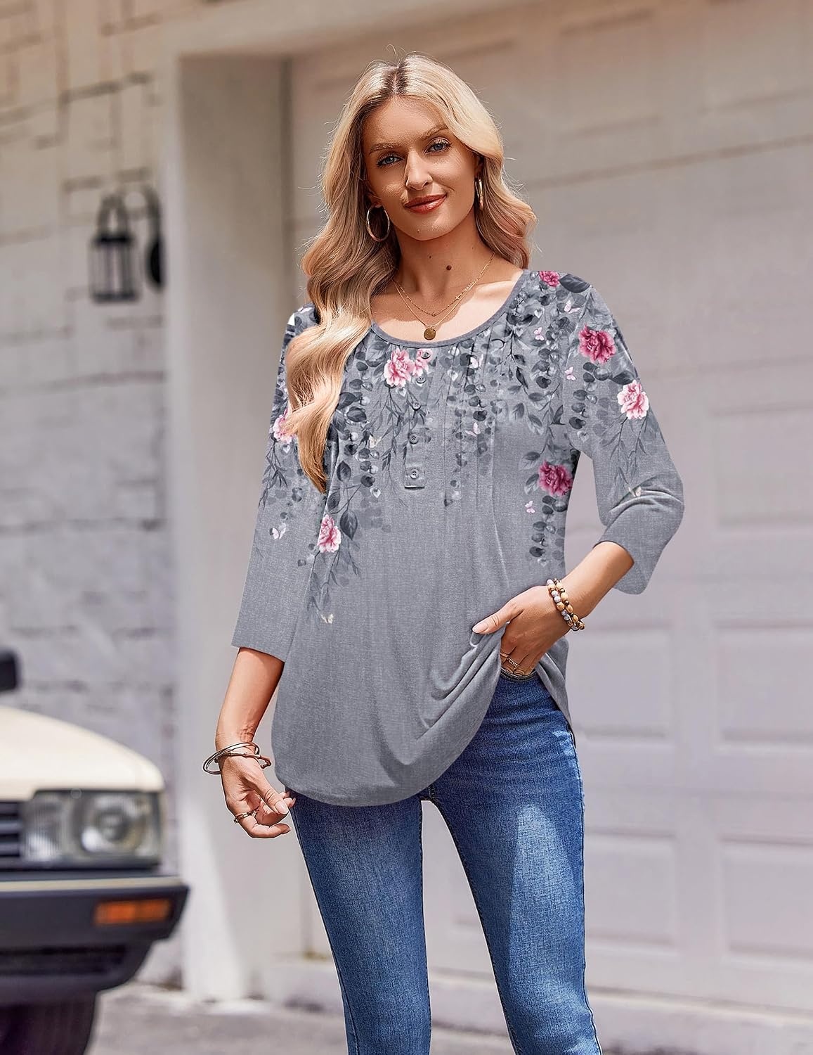 image:imageZeagoo 34 Length Sleeve Womens Tops Round Neck Casual Summer Tunic Tops Basic Tees Blouses Dressy TShirts Pleated ShirtsGrey