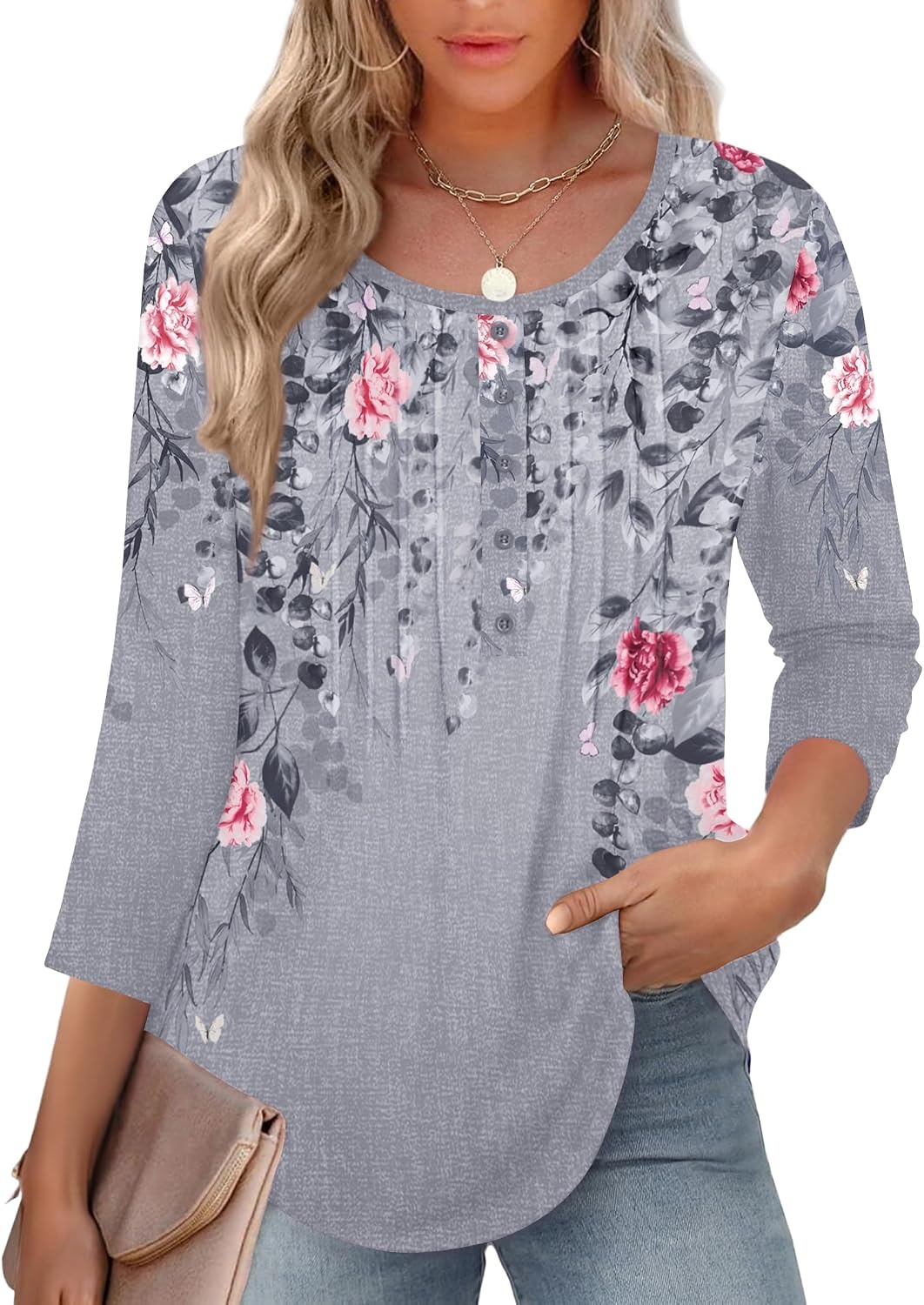 image:imageZeagoo 34 Length Sleeve Womens Tops Round Neck Casual Summer Tunic Tops Basic Tees Blouses Dressy TShirts Pleated ShirtsGrey