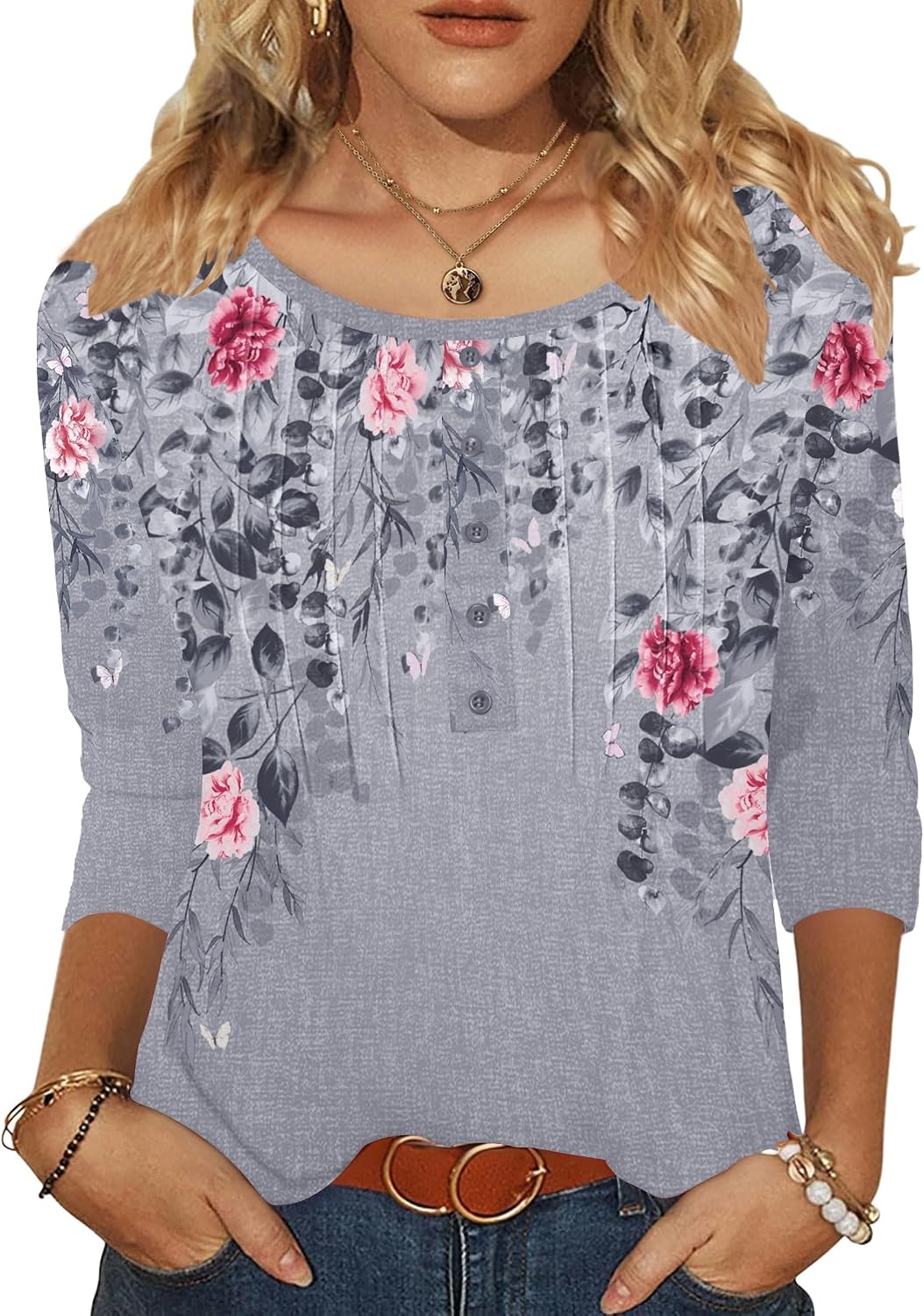 image:imageZeagoo 34 Length Sleeve Womens Tops Round Neck Casual Summer Tunic Tops Basic Tees Blouses Dressy TShirts Pleated ShirtsGrey