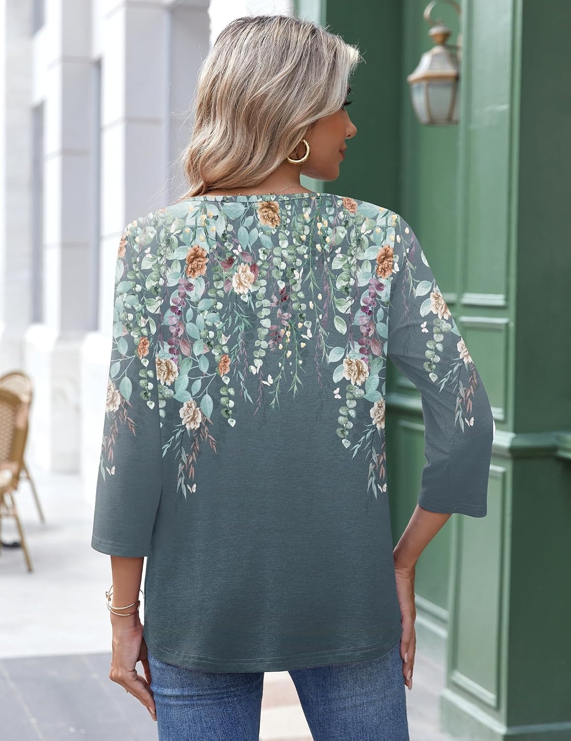 image:imageZeagoo 34 Length Sleeve Womens Tops Round Neck Casual Summer Tunic Tops Basic Tees Blouses Dressy TShirts Pleated ShirtsGrey Floral