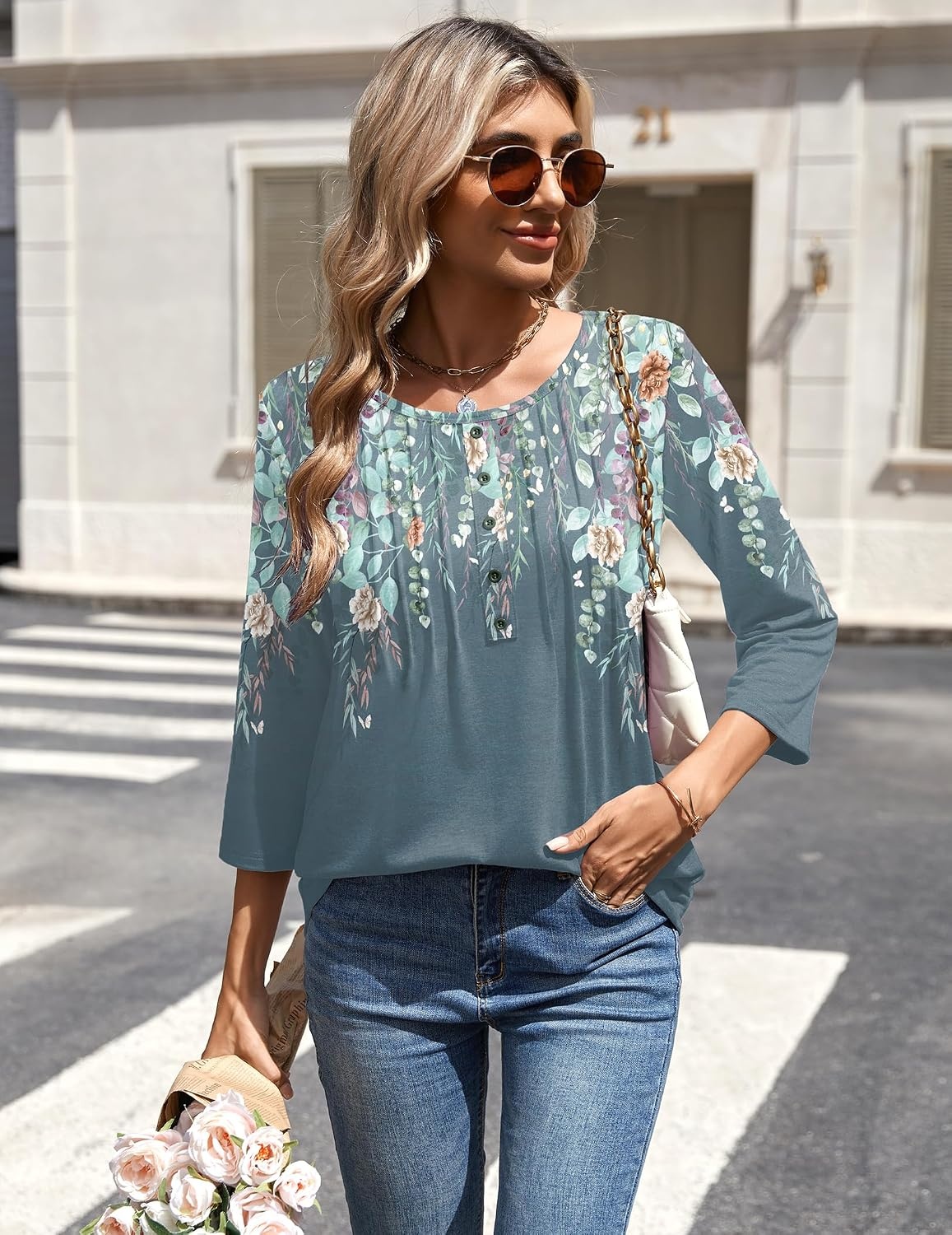 image:imageZeagoo 34 Length Sleeve Womens Tops Round Neck Casual Summer Tunic Tops Basic Tees Blouses Dressy TShirts Pleated ShirtsGrey Floral