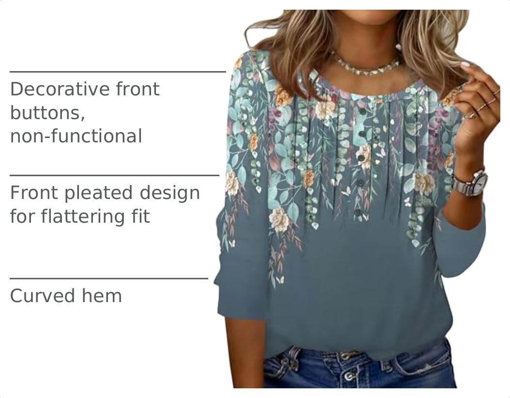 image:imageZeagoo 34 Length Sleeve Womens Tops Round Neck Casual Summer Tunic Tops Basic Tees Blouses Dressy TShirts Pleated ShirtsGrey Floral