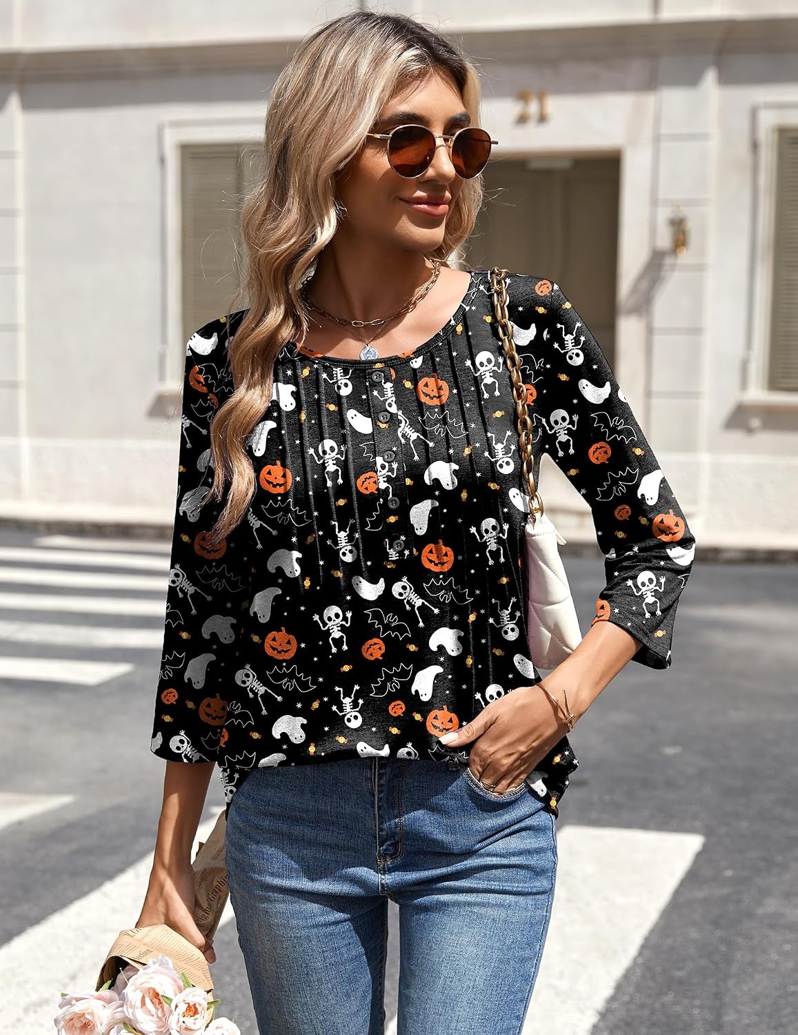 image:imageZeagoo 34 Length Sleeve Womens Tops Round Neck Casual Summer Tunic Tops Basic Tees Blouses Dressy TShirts Pleated ShirtsHalloween Print 01