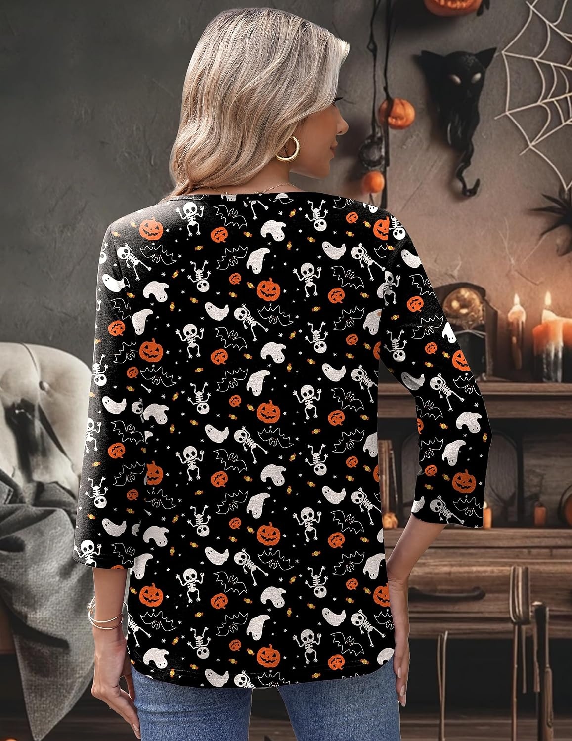 image:imageZeagoo 34 Length Sleeve Womens Tops Round Neck Casual Summer Tunic Tops Basic Tees Blouses Dressy TShirts Pleated ShirtsHalloween Print 01