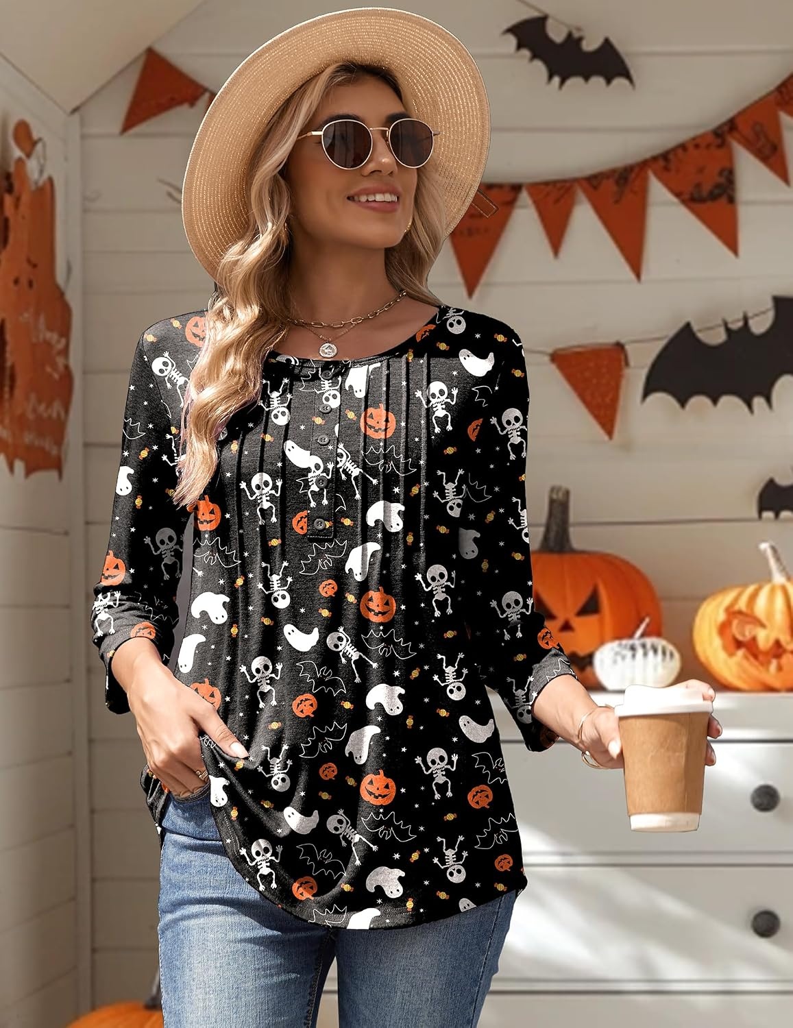 image:imageZeagoo 34 Length Sleeve Womens Tops Round Neck Casual Summer Tunic Tops Basic Tees Blouses Dressy TShirts Pleated ShirtsHalloween Print 01