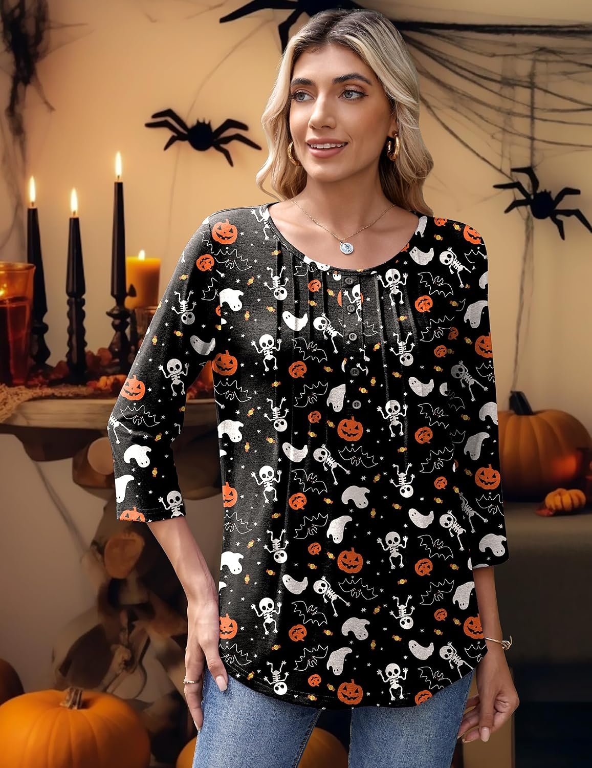 image:imageZeagoo 34 Length Sleeve Womens Tops Round Neck Casual Summer Tunic Tops Basic Tees Blouses Dressy TShirts Pleated ShirtsHalloween Print 01