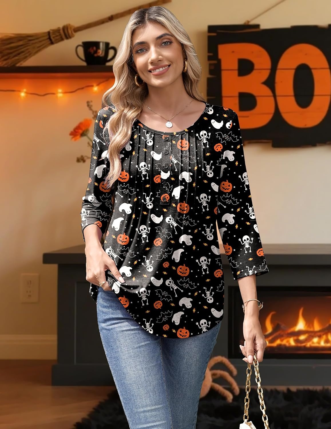 image:imageZeagoo 34 Length Sleeve Womens Tops Round Neck Casual Summer Tunic Tops Basic Tees Blouses Dressy TShirts Pleated ShirtsHalloween Print 01