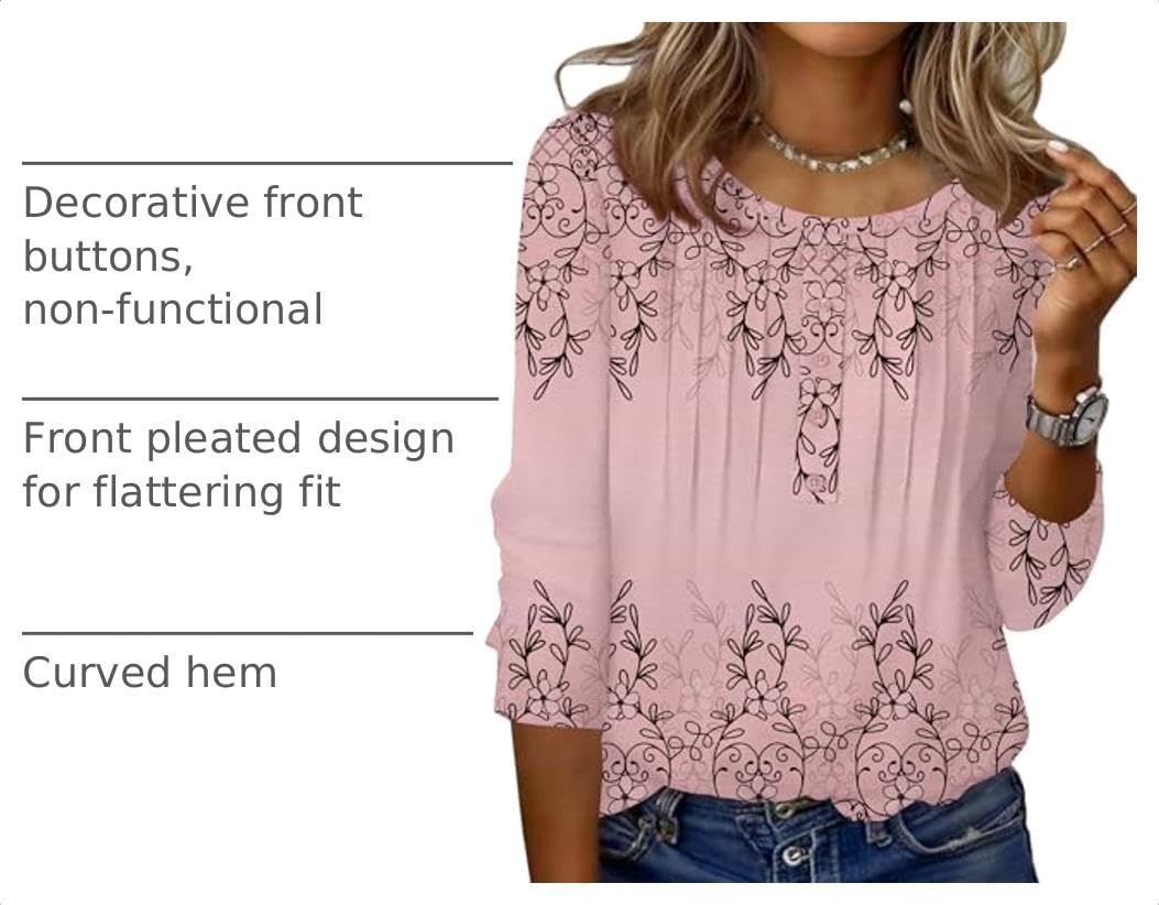 image:imageZeagoo 34 Length Sleeve Womens Tops Round Neck Casual Summer Tunic Tops Basic Tees Blouses Dressy TShirts Pleated ShirtsHot Pink