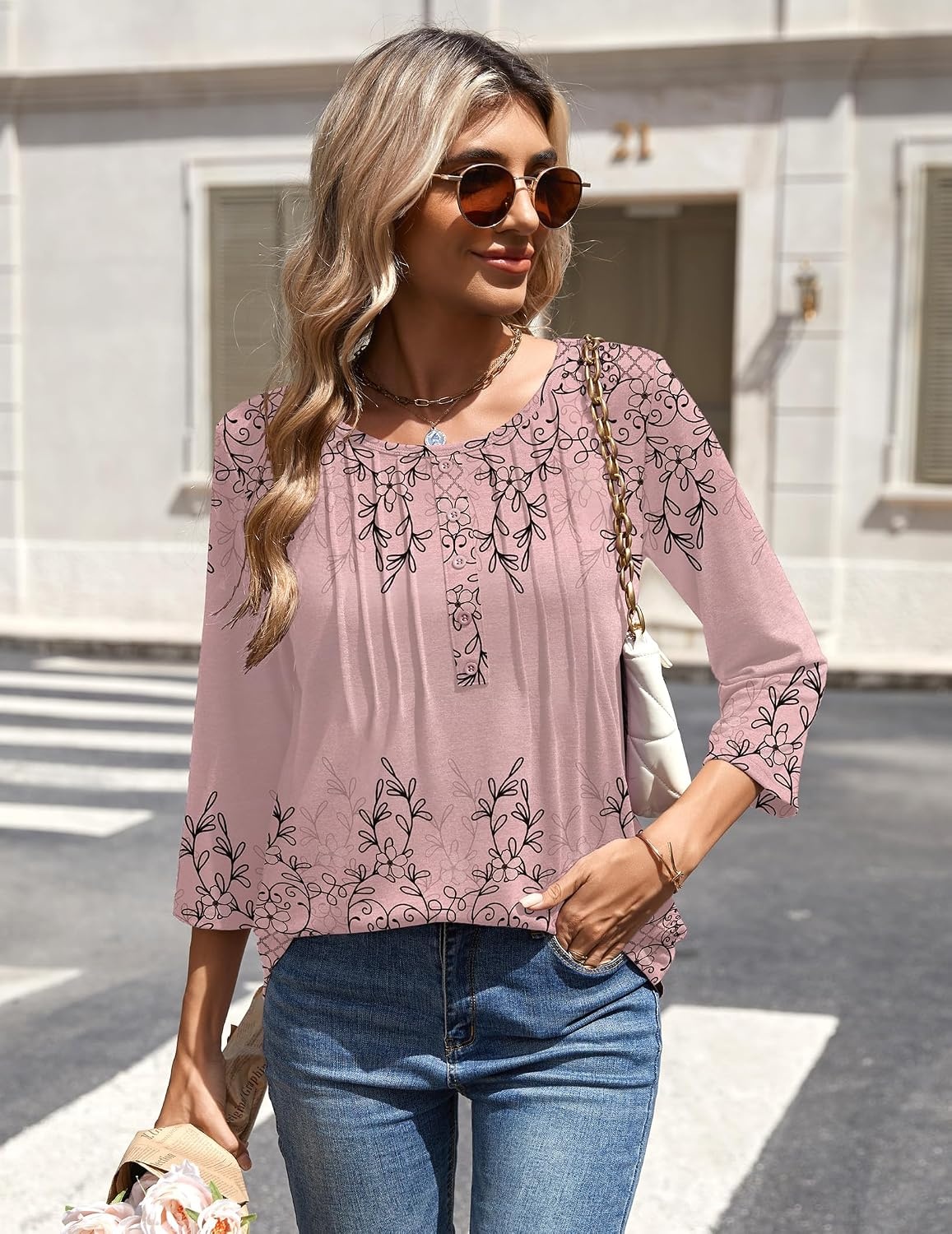 image:imageZeagoo 34 Length Sleeve Womens Tops Round Neck Casual Summer Tunic Tops Basic Tees Blouses Dressy TShirts Pleated ShirtsHot Pink