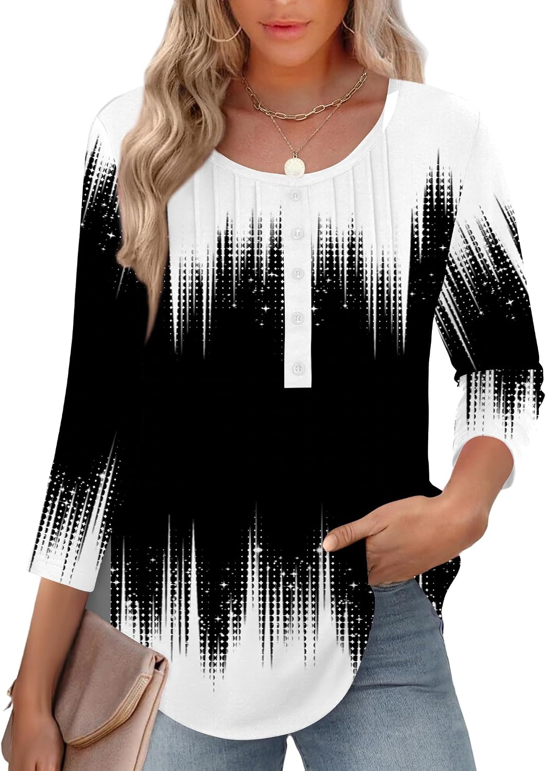 image:imageZeagoo 34 Length Sleeve Womens Tops Round Neck Casual Summer Tunic Tops Basic Tees Blouses Dressy TShirts Pleated ShirtsJb204