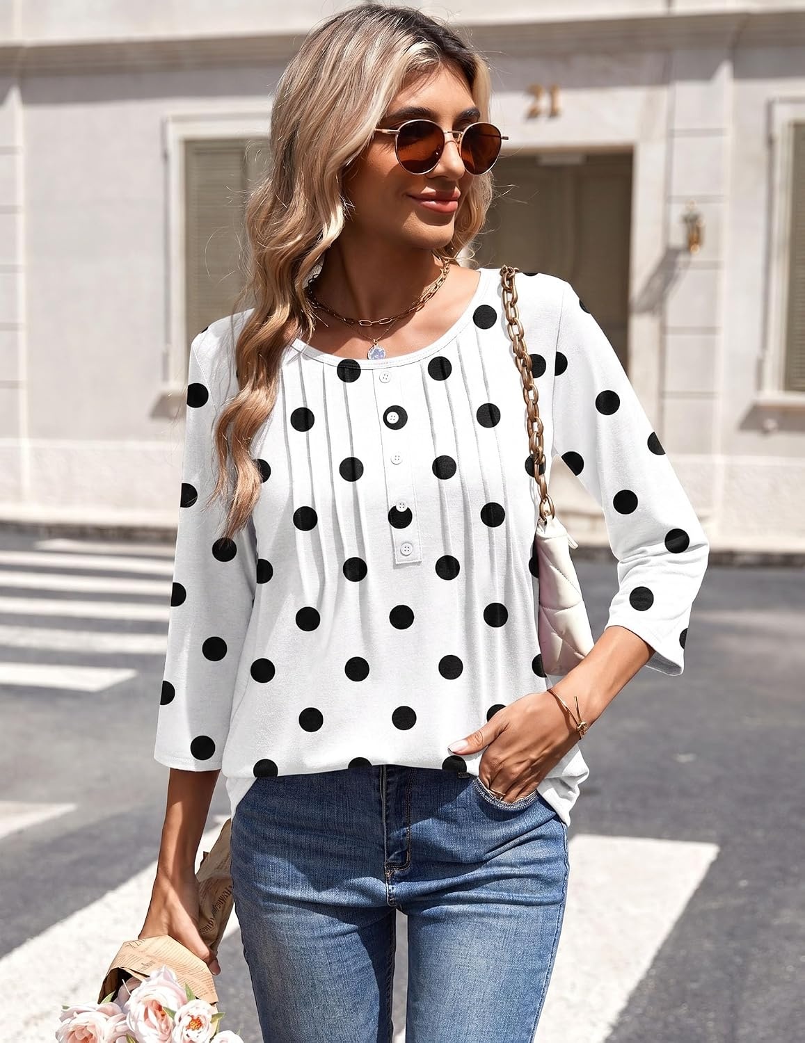 image:imageZeagoo 34 Length Sleeve Womens Tops Round Neck Casual Summer Tunic Tops Basic Tees Blouses Dressy TShirts Pleated ShirtsJh592