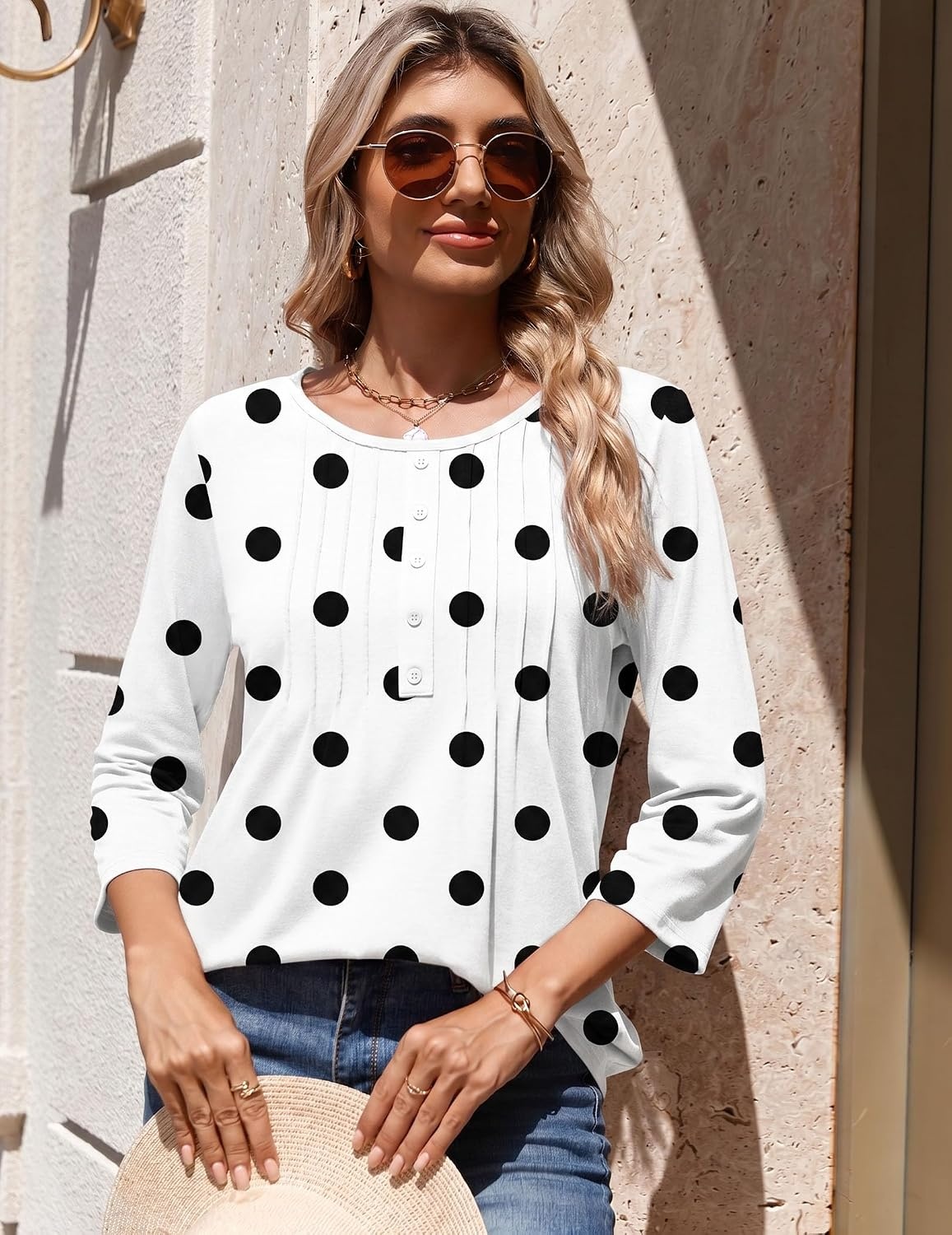image:imageZeagoo 34 Length Sleeve Womens Tops Round Neck Casual Summer Tunic Tops Basic Tees Blouses Dressy TShirts Pleated ShirtsJh592