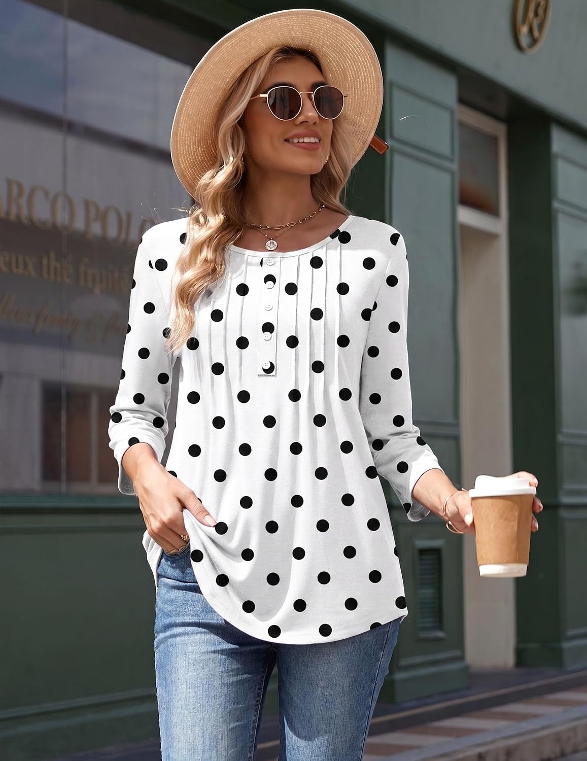 image:imageZeagoo 34 Length Sleeve Womens Tops Round Neck Casual Summer Tunic Tops Basic Tees Blouses Dressy TShirts Pleated ShirtsJh592