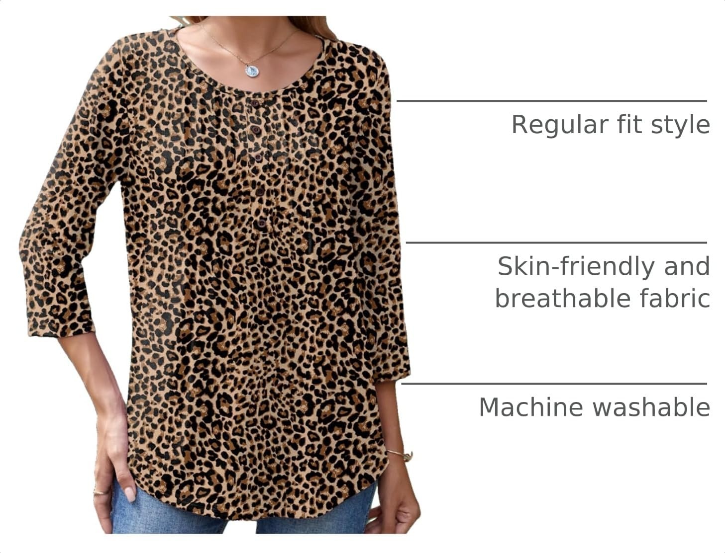 image:imageZeagoo 34 Length Sleeve Womens Tops Round Neck Casual Summer Tunic Tops Basic Tees Blouses Dressy TShirts Pleated ShirtsLeopard Print