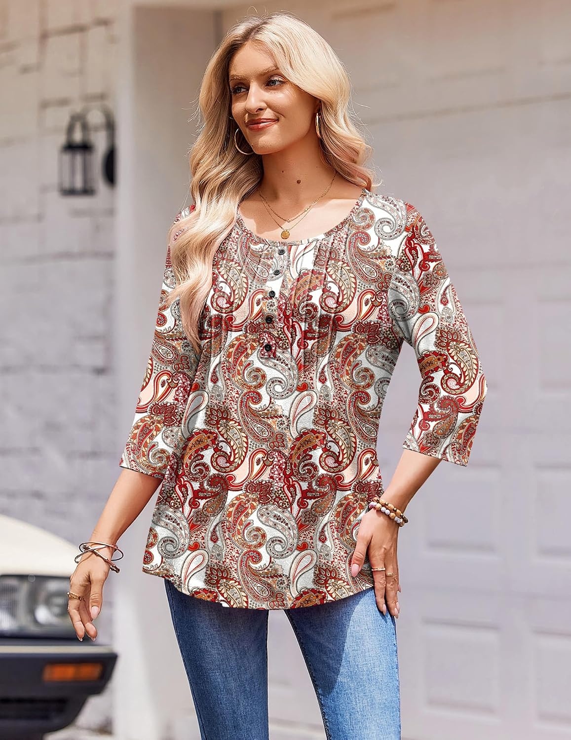 image:imageZeagoo 34 Length Sleeve Womens Tops Round Neck Casual Summer Tunic Tops Basic Tees Blouses Dressy TShirts Pleated ShirtsMz3